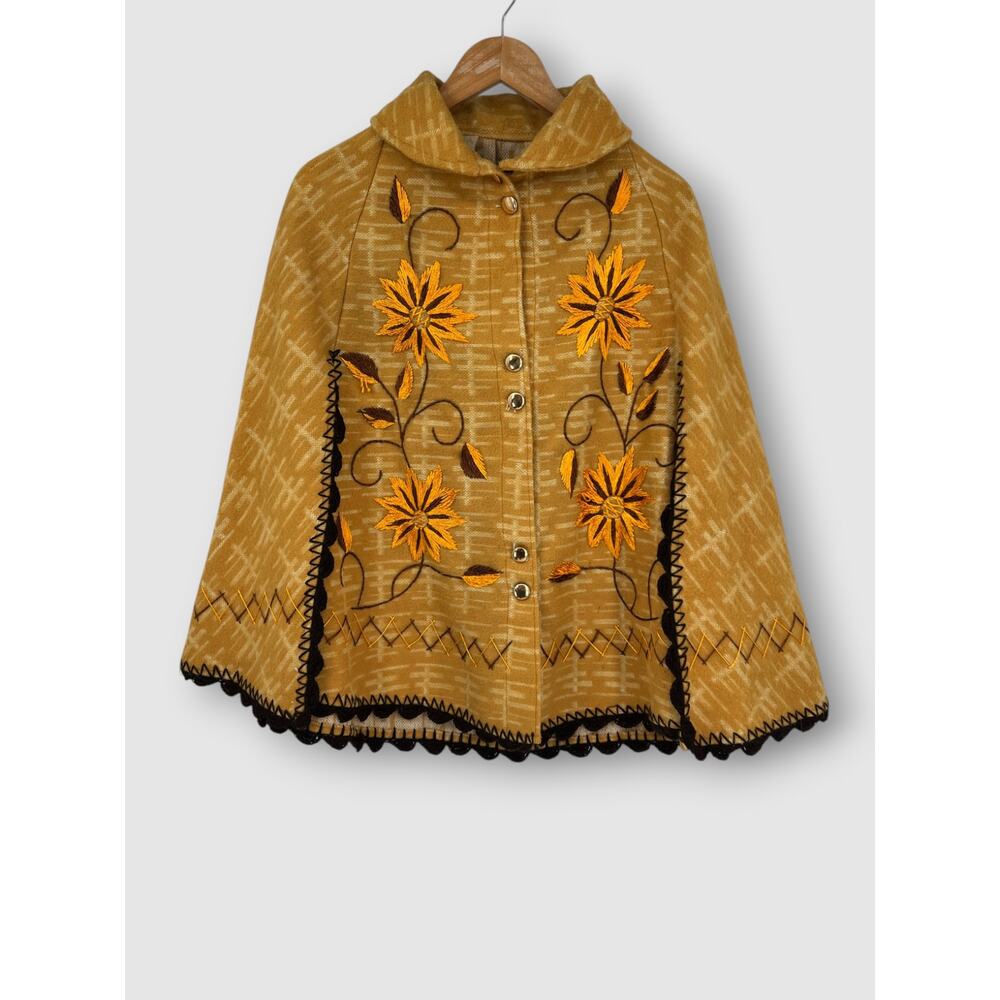 70s Vintage Mustard Gold Sunflower Embroidered Wool Blend Cape Coat